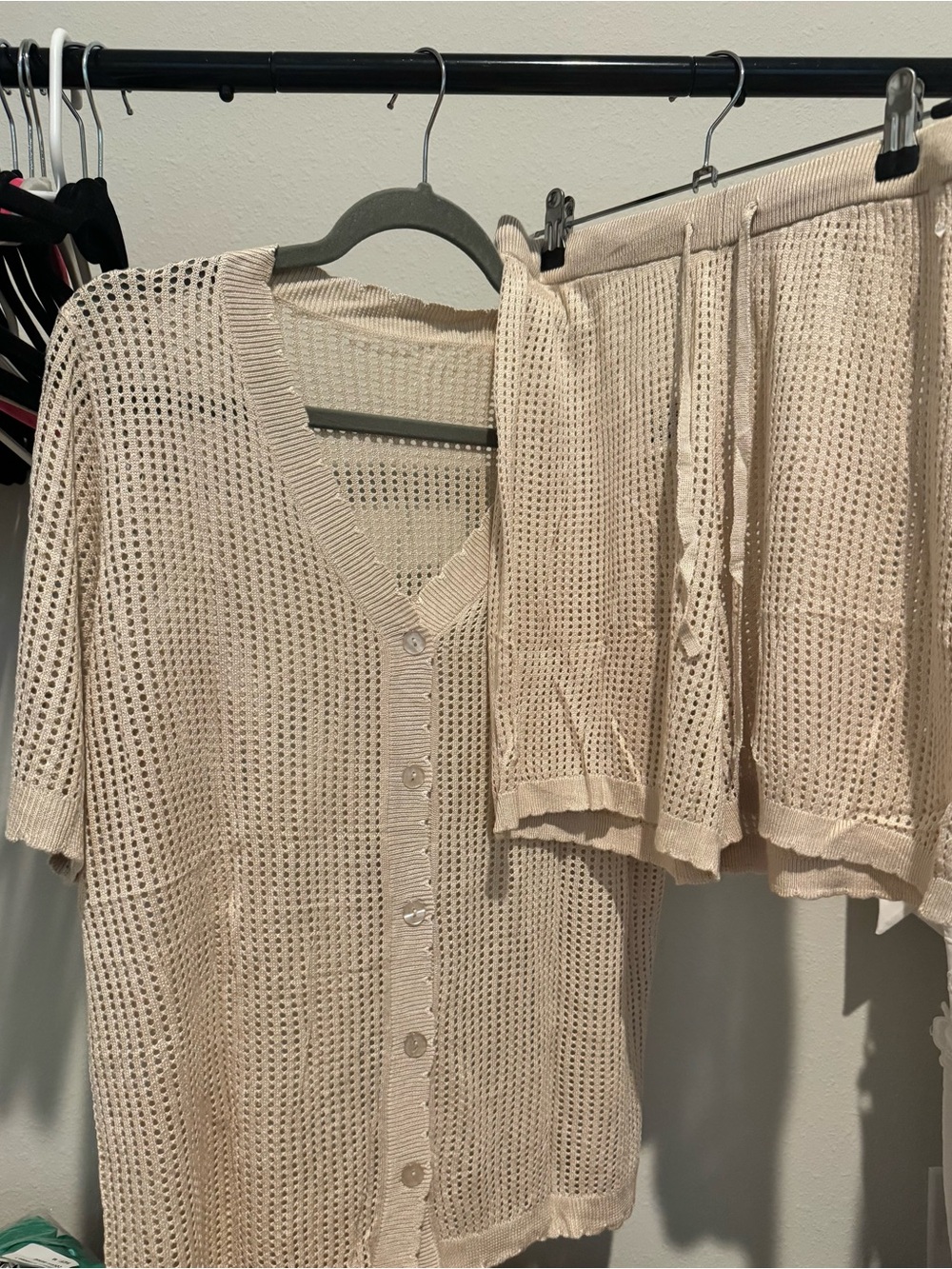 Lightweight Knit Button-Up Cardigan & Drawstring Shorts Set - Cream